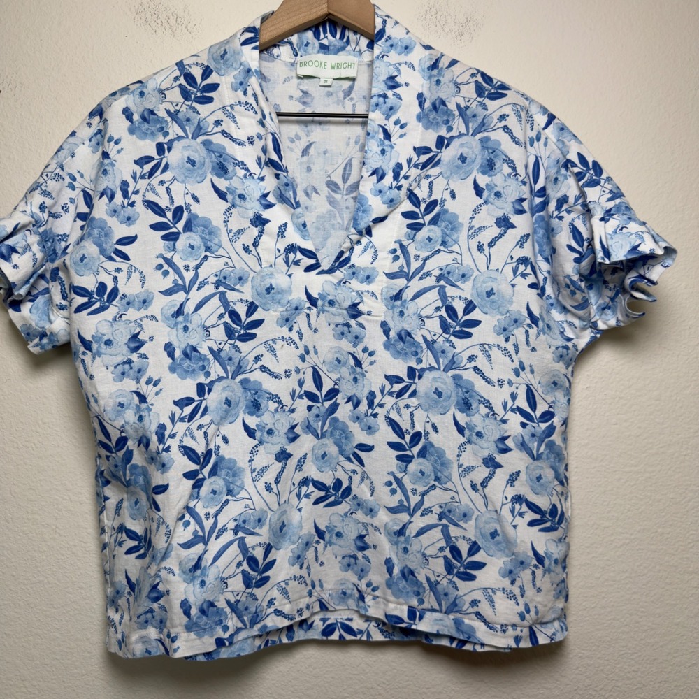 Brooke Wright Women Cotton Linen Top O/S Blue Floral Ruffle Sleeve V-Neck Blouse